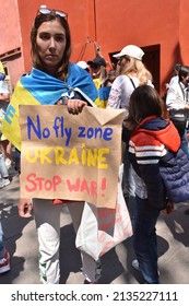 Mexico City, Mexico City, Mexico. March 13, 2022. A Protest Against The Russian Invasion Of Ukranian In Front Of The Museo De Memoria Y Tolerancia. Woman Holding Sign For A No Fly Zone.