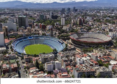 MEXICO CITY - March 16, 2015: Aerial View Of Empty Soccer Stadium Estadio Azul, Home To Blue Cross Soccer Team,  And Multifunctional Bull Fight Arena Plaza De Toros Mexico