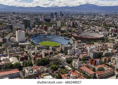 MEXICO CITY - March 16, 2015: Aerial View Of Blue Cross Soccer Field Beside Plaza De Toros Mexico, A Bullfight And Entertainment Arena