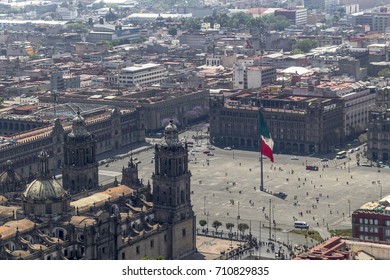 MEXICO CITY - March 16, 2015: Aerial View Of Mexican Main Square Zócalo With Government Palace And Cathedral