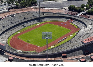 MEXICO CITY - March 16, 2015: Aerial View Of Empty Stadium  Part Of University Campus Of The National University, Used For Soccer And Football Games And Other Events, Home To Pumas Team