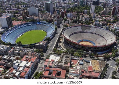 Mexico City, March 16, 2015: Aerial View Of Blue Cross Soccer Team Stadium And Bullfight Arena 