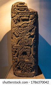 MEXICO CITY, MEXICO - MARCH 24, 2020: Maya Stele With Bas Relief Of The God Quetzalcoatl, The Feathered Serpent. 