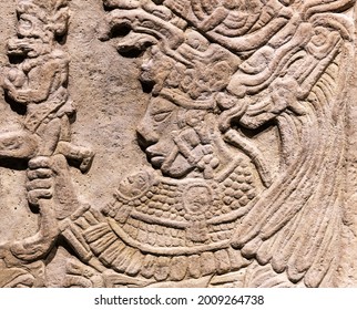 MEXICO CITY, MEXICO - MARCH 24, 2020: Bas Relief Carving In A Tombstone Of A Mayan Ruler King. Focus On Face.