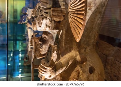 MEXICO CITY, MEXICO - MARCH 24, 2020: Ceramic Statue And Sculpture Portrait Of A Mayan King Ruler. Focus On Face.