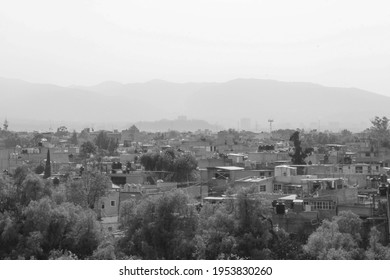 Mexico City, Mexico - March 25th, 2021: View From The Rooftop Of Museum Anahuacalli, From The Famous Mexican Artist Diego Rivera In Black And White Over Mexico City And Coyoacan