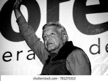 Mexico City, Mexico. May 2018: Morena Political Party Trying To Get Voters, Andres Manuel Lopez Obrador Gives A Speech In Mexico City