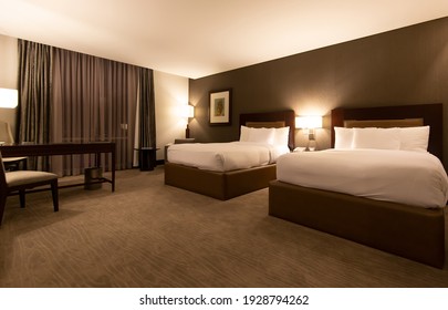 Mexico City, Mexico-20 September, 2020: A spacious room in a luxury hotel with two beds and scenic city view from the window