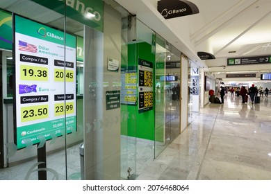 Mexico City, Mexico - November 15, 2021: A Foreign Currency Board Displays The US Dollar And Euro Rates Inside A Currency Exchange Shop In Mexico City International Airport.