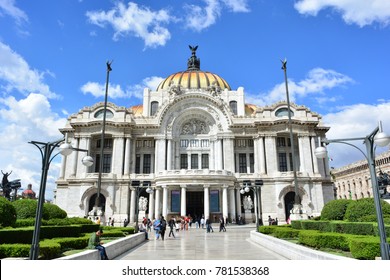 MEXICO CITY, MEXICO - OCT 6TH, 2017: Unidentified tourists in front of the Palacio de Bellas Artes Museum in the historic center of Mexico City, on Oct 6th, 2017
