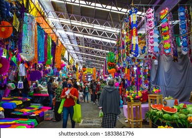 Mexico City, Mexico ; October 11 2020: Decorations For Halloween And Dia De Muertos For Sale In A Mexican Market During “the New Normal” Post Covid 19