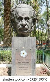 Mexico City, Mexico - October 13 2019 -  A Bust Of Albert Einstein In Parque México, In The Condesa Neighborhood.  The Sculpture Commemorates The 100th Anniversary Of The Armenian Genocide.