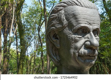 Mexico City, Mexico - October 13 2019 -  A Bust Of Albert Einstein In Parque México, In The Condesa Neighborhood. 
 The Sculpture Commemorates The 100th Anniversary Of The Armenian Genocide.