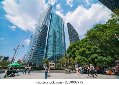 Mexico City - October 19, 2019: Skyscrapers On The Famous Reforma Avenue Worms Eye View