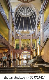 MEXICO CITY, MEXICO - OCTOBER 21, 2016: Interior of the Palacio de Bellas Artes which was planned by Federico Mariscal with the Art Deco style. The building was completely finished in 1934.