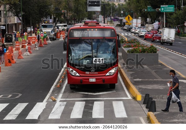 Mexico City, Mexico October 21\
2021. Metrobus transportation system in the streets of Mexico\
City.