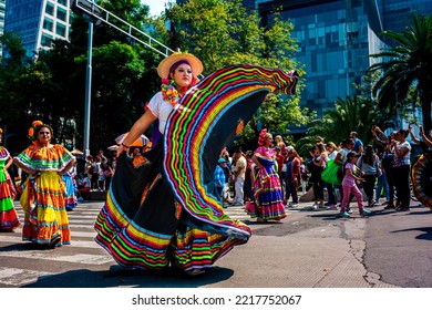 Mexico City, Mexico; October 24 2022: Mexican Folk Dance During October Parade In The City, Woman Dancing.