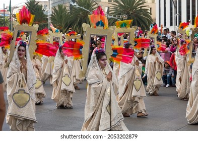 Mexico City, Mexico - October 29, 2016 : Day of the dead parade in Mexico city. The Day of the Dead is one of the most popular holidays in Mexico.