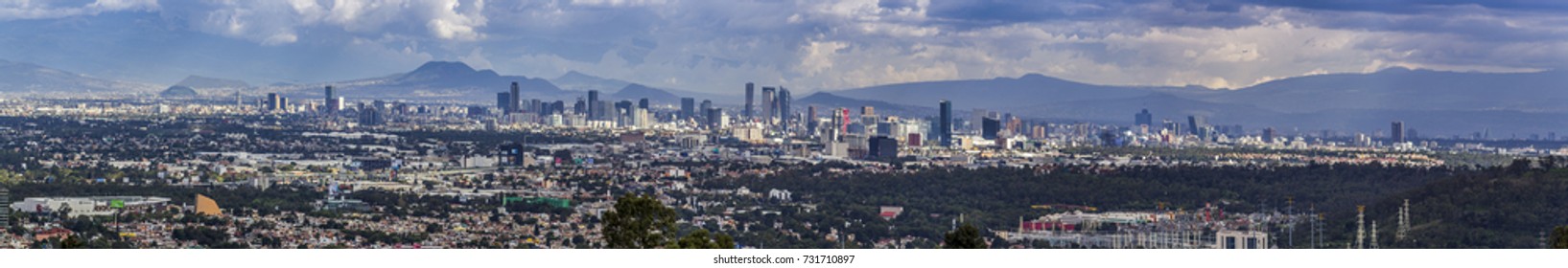 Mexico City - october 5, 2017, Mexico City skyline panorama including all buildings from city center with latin american tower, over to mayor tower and Bancomer tower until world trade center building