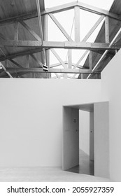 Mexico City, Mexico - October 5th, 2021: Black And White Photography Of The Interior Of The Art Gallery Kurimanzutto, Designed By The Famous Mexican Architect Alberto Kalach