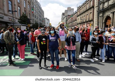 Mexico City, Mexico - September 19, 2021: People Gather On The Street During An Earthquake Drill In CDMX.