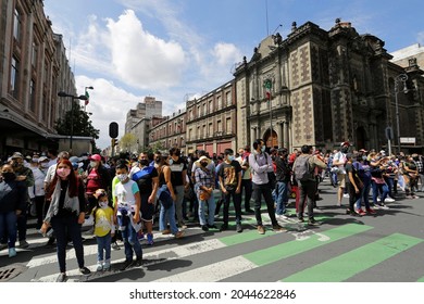 Mexico City, Mexico - September 19, 2021: People Gather On The Street During An Earthquake Drill In CDMX.