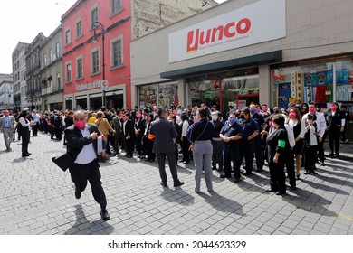 Mexico City, Mexico - September 19, 2021: People Gather On The Street During An Earthquake Drill In CDMX.