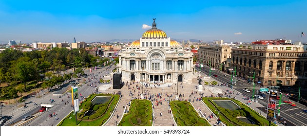 MEXICO CITY,MEXICO - DECEMBER 28,2016 : Panoramic view of the Palacio de Bellas Artes , the Alameda Central and the Historic Center of Mexico City