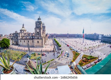 Mexico City/Mexico - January 16, 2019: Aerial View Of The Zócalo Or Plaza Del Zócalo, The Common Name Of The Main Square In Central Mexico City.