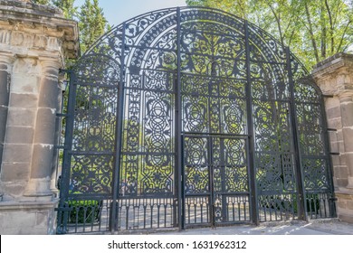 Mexico City-November 28, 2019: Ornate, Large Rod Iron Gate With Stone Pillars, At The National History Museum, In Chaputepec Park 