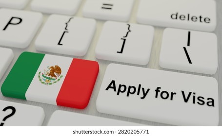 Mexico flag placed on computer keyboard beside apply for visa key illustrating passport processing immigration documentation international travel authorization online registration border approval destination access and visitor requirements concept