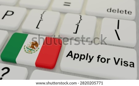 Mexico flag placed on computer keyboard beside apply for visa key illustrating passport processing immigration documentation international travel authorization online registration border approval destination access and visitor requirements concept