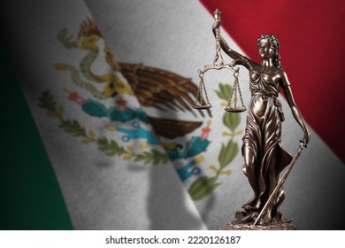 Mexico flag with statue of lady justice and judicial scales in dark room. Concept of judgement and punishment, background for jury topics - Shutterstock ID 2220126187