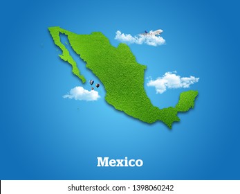 Mexico Map. Green Grass, Sky And Cloudy Concept.