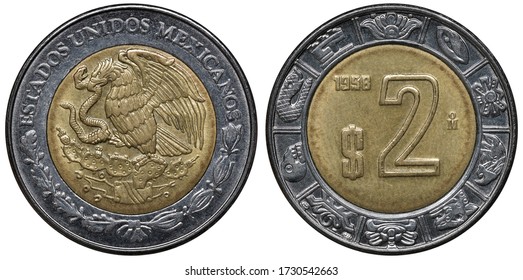 Mexico Mexican bimetallic coin 2 two pesos 1998, regular issue, eagle on cactus with snake in beak, denomination and date within circular carving,