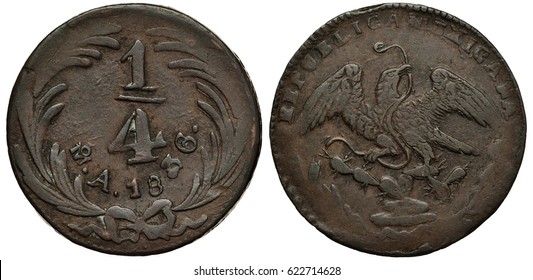 Mexico Mexican Coin 1/4 Quarter Real 1836, First Republic, Value, Mint Mark And Date Flanked By Springs, Eagle On Cactus Catching Snake,