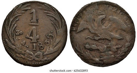 Mexico Mexican Coin 1/4 Quarter Real 1835, First Republic, Value, Mint Mark And Date Flanked By Springs, Eagle On Cactus Catching Snake, Heavy Wear,