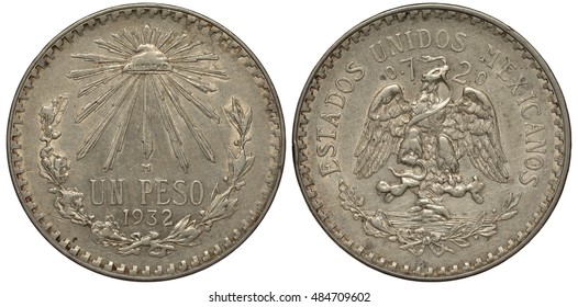 1932 Mexico Silver Cap /& Rays Un Peso Uncirculated
