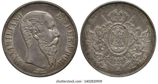 Mexico Mexican Silver Coin 1 One Peso 1866, Second Empire Issue, Head Of Emperor Maximilian I Right, Oval Shield With Eagle With Snake In Beak Supported By Griffins, Crown Above, 