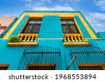 Mexico, Monterrey, colorful historic buildings in the center of the old city, Barrio Antiguo, a famous tourist attraction.