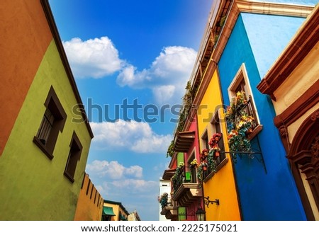 Mexico, Monterrey, colorful historic buildings in the center of the old city, Barrio Antiguo, a famous tourist attraction.