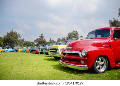 Mexico - September, 2018: Vintage Car Show And Exhibition Of Chevrolet Pick Up Trucks And Chevy Cars Outdoors. Red Chevy Classic Vehicle Parked In An Retro Event.