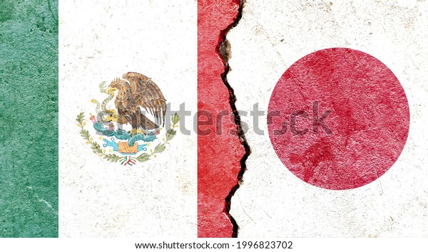 Mexico vs Japan national flags grunge pattern\
isolated on broken cracked wall background, abstract Mexico Japan\
politics relationship friendship divided conflicts concept texture\
wallpaper
