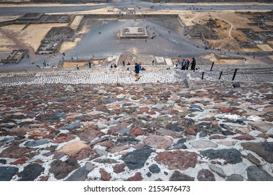 Teotihuacán, Mexico-March 5, 2016:Tourists climb down the Pyramid of the Sun, the largest structure at Teotihuacán, an ancient City and archaeological site in Mexico. Close-up perspective view.