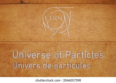 MEYRIN, CANTON OF GENEVA, SWITZERLAND - AUGUST 31, 2021: Universe of Particles. Permanent exhibition in the Globe of Science and Innovation at CERN wall, the European Organization for Nuclear Research.