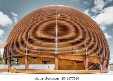 MEYRIN, CANTON OF GENEVA, SWITZERLAND - AUGUST 31, 2021: Globe of Science and Innovation at CERN, the European Organization for Nuclear Research. Visitor center, museum and exhibitions. 