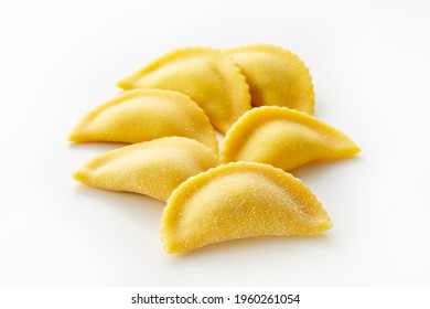 Mezzaluna : Fresh Ravioli Pasta Isolated On White Background. Half Moon Shape.