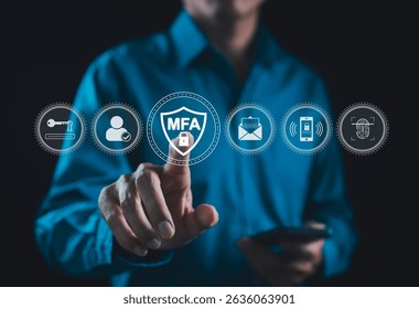 MFA, Multi-Factor Authentication Security Concept. Person touching virtual MFA shield icon with various security icons, representing multi factor authentication and digital identity protection.