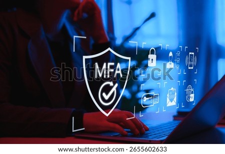 MFA, Multi-Factor Authentication Security Concept. Icons related to MFA, security locks, biometrics, and mobile verification, symbolizing cybersecurity, data protection, and secure login systems.