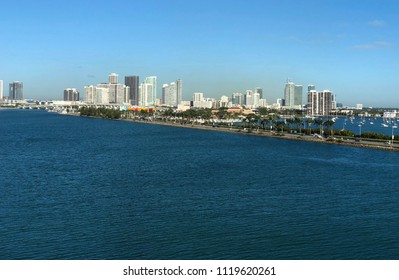 MIAMI, FLORIDA—JANUARY 2018: Scenic View Of Miami Coast Line With Skyscrapers In The Background.